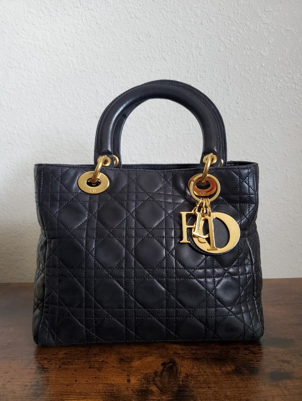 Dior Black Quilted Cannage Leather Lady Dior Handbag with Gold Charms